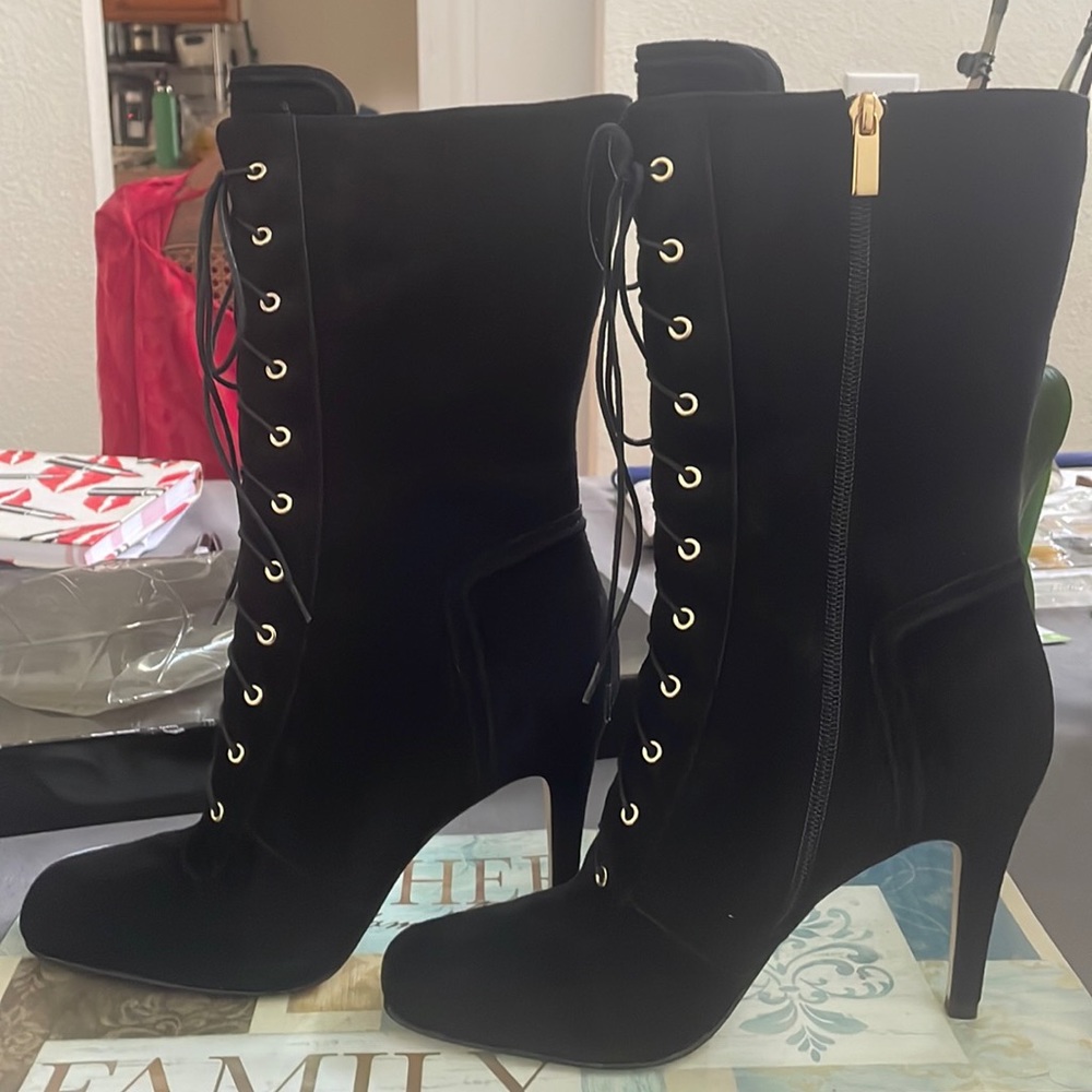 Black suede granny style boot.